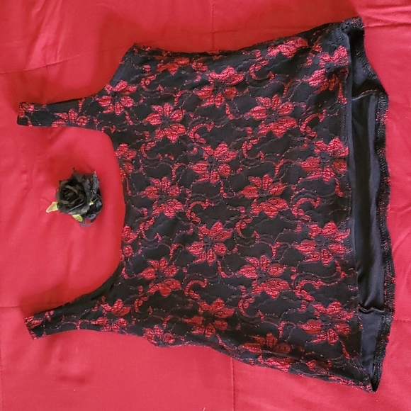 G Wheels Tops - Black with Red Flowers Lace Mesh over lay tank top from G Wheels